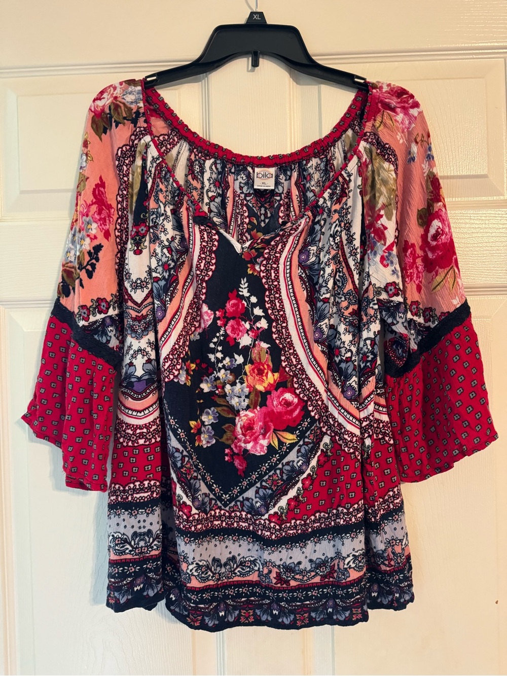 Bila Multicolor Floral Boho Peasant Top - Pink & Navy